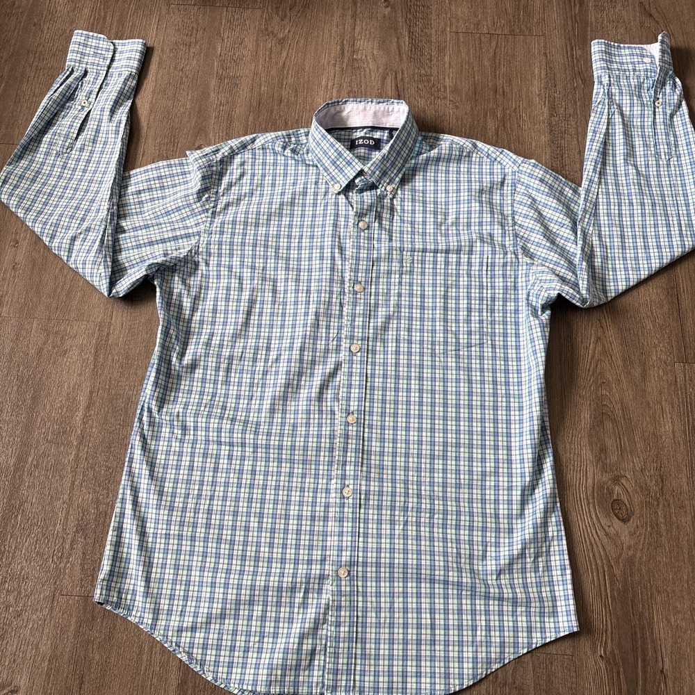 IZOD Mens Medium Long Sleeve Button Down Shirt Multicolor Check Plaid Non-Iron